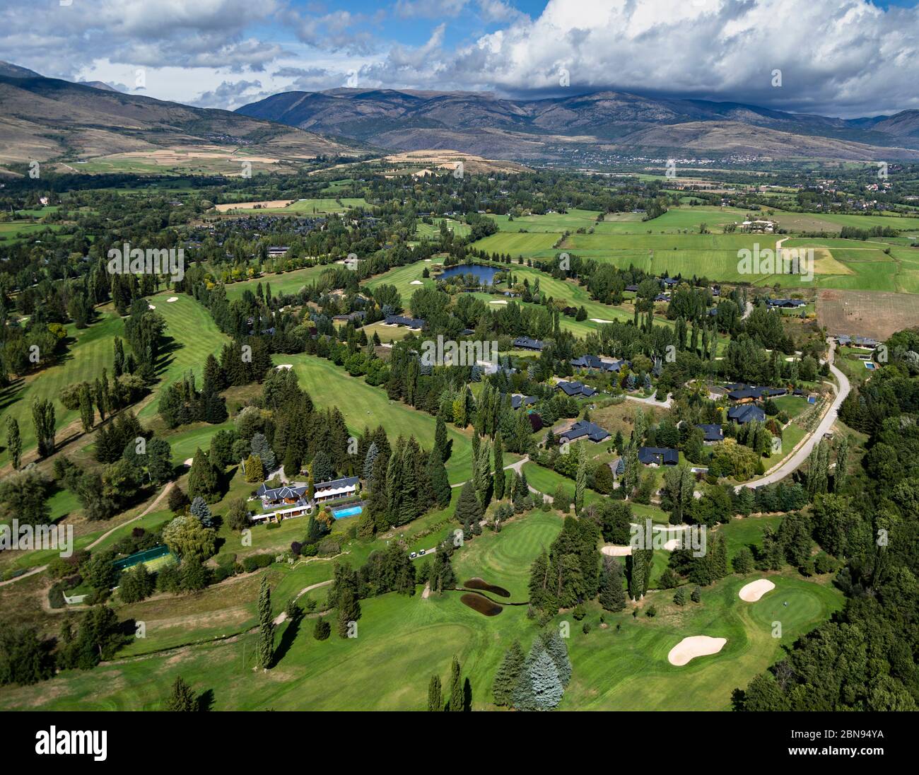 Luxurious summer houses and golf course seen from above, Puigcerdà, Gerona Province, Spain Stock Photo