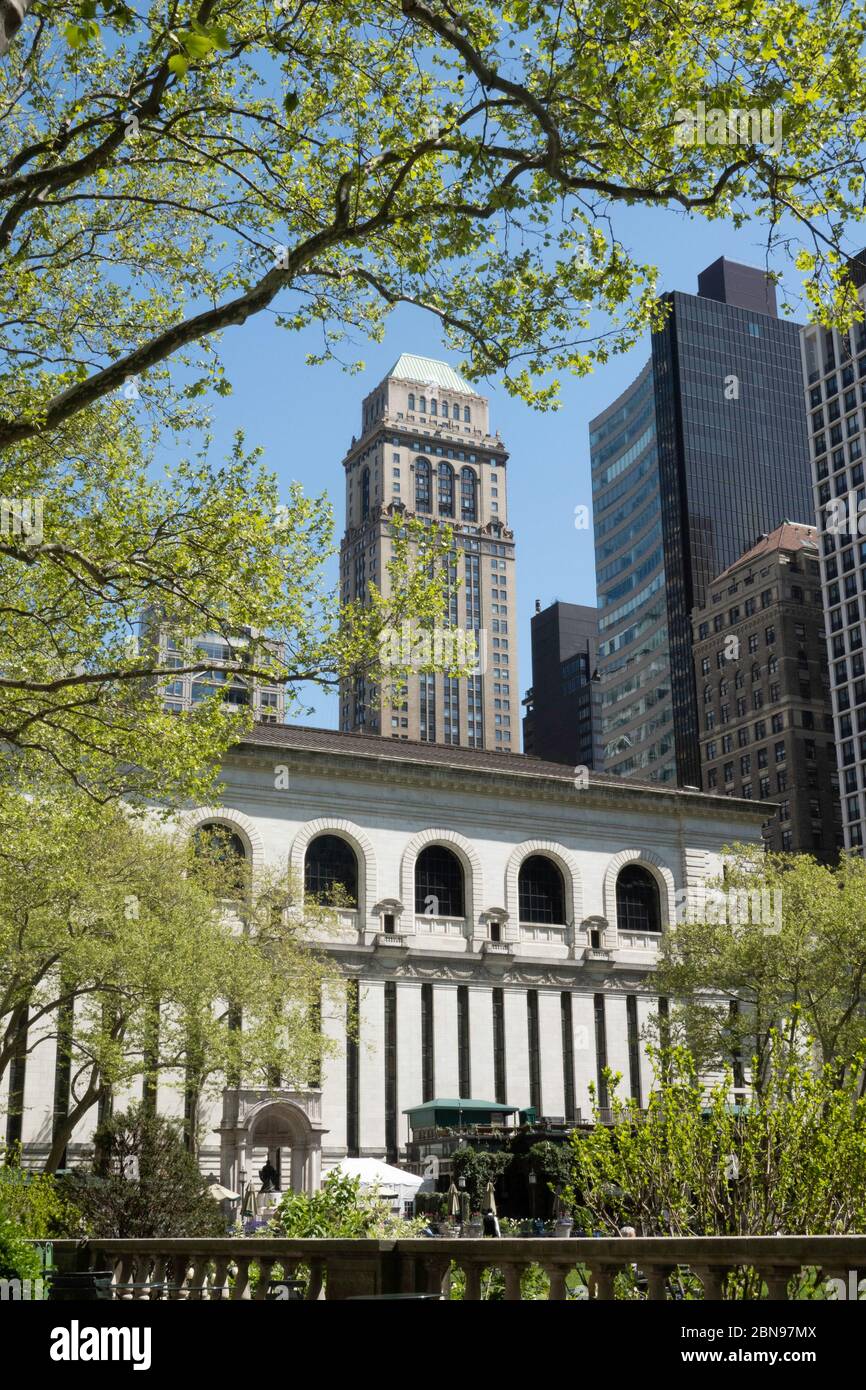 New York Public Library and Bryant Park with skyscrapers in the background, NYC Stock Photo