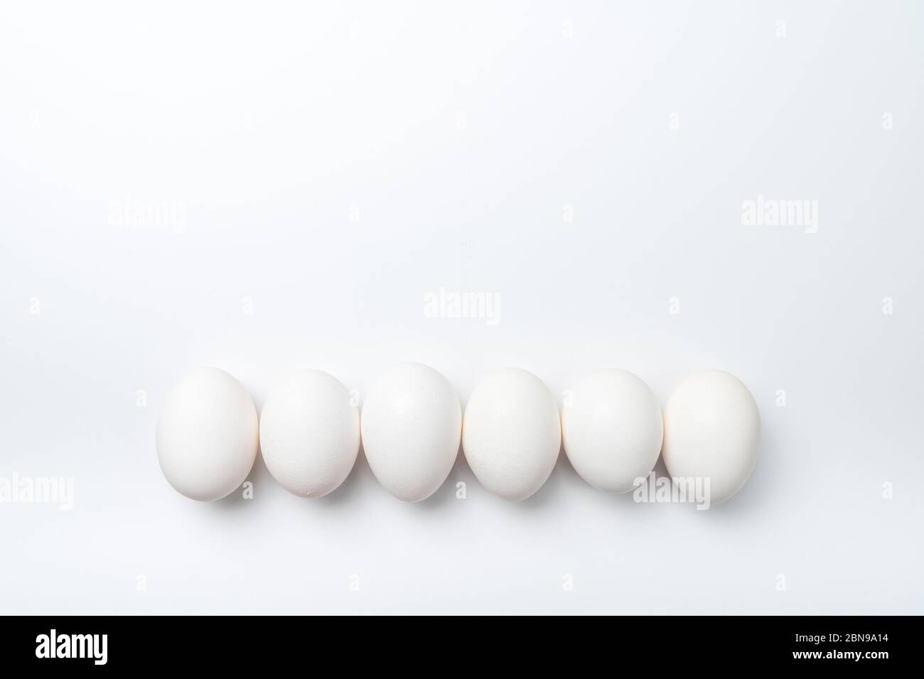 Six white chicken eggs in a row Stock Photo