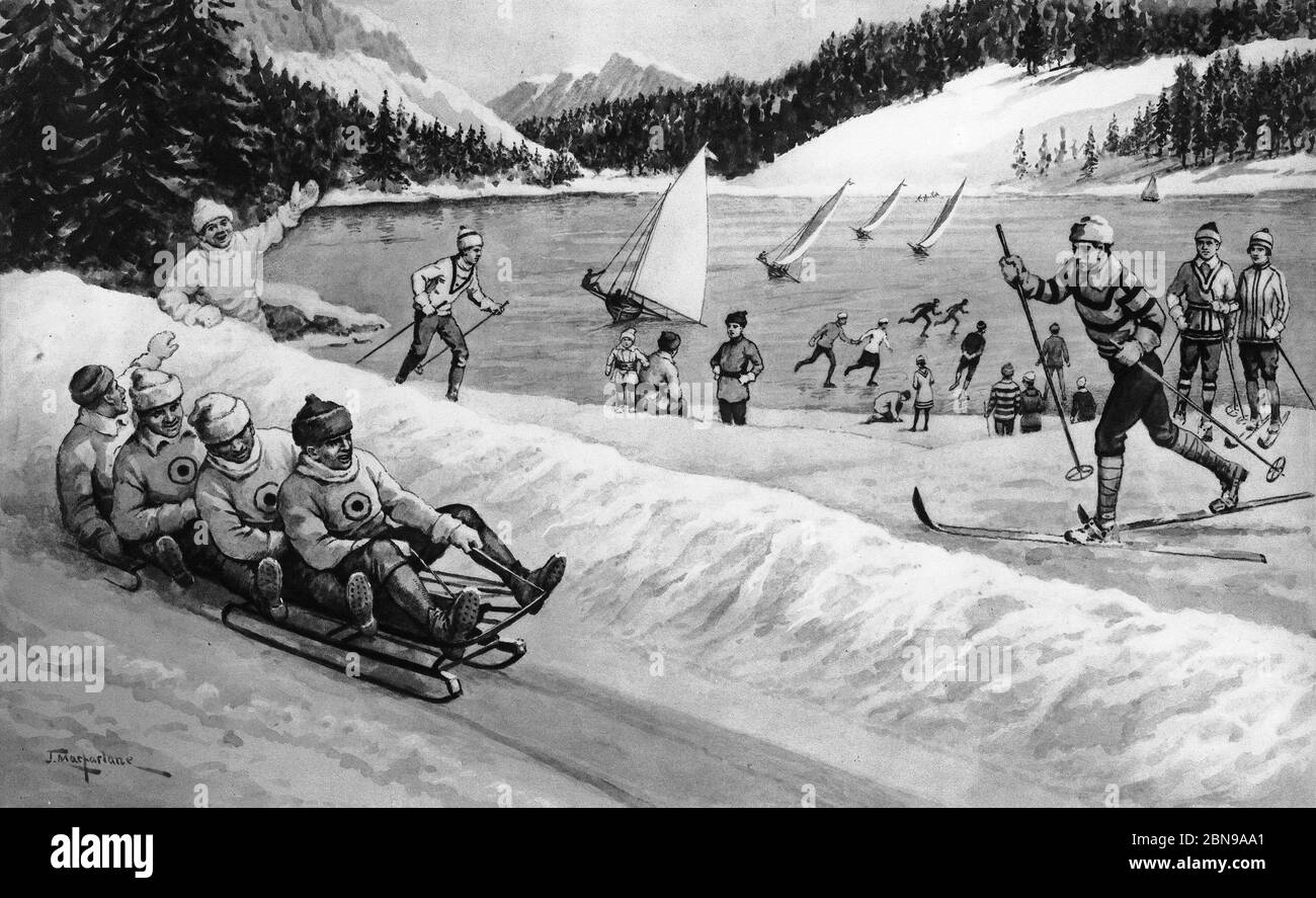 illustration of winter sports in Canada, from a set of school posters