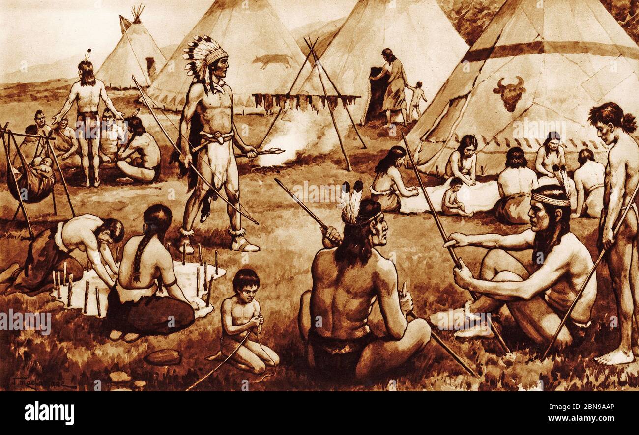 illustration of North American Indians, from a set of school posters used for social studies, c 1930 Stock Photo