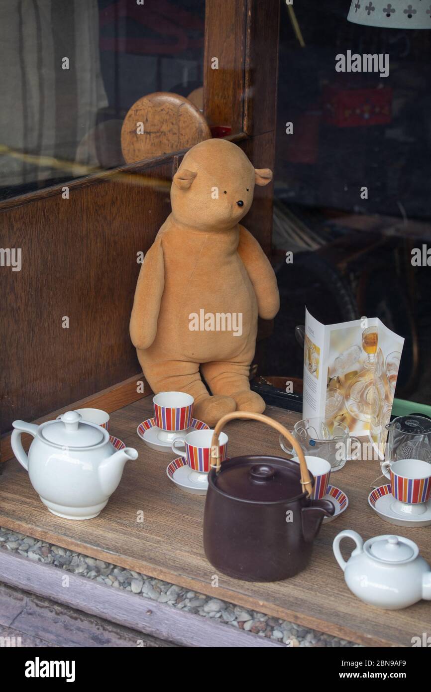 Old fashioned teddy beer in a vintage and second hand shop display window during coronavirus outbreak Stock Photo