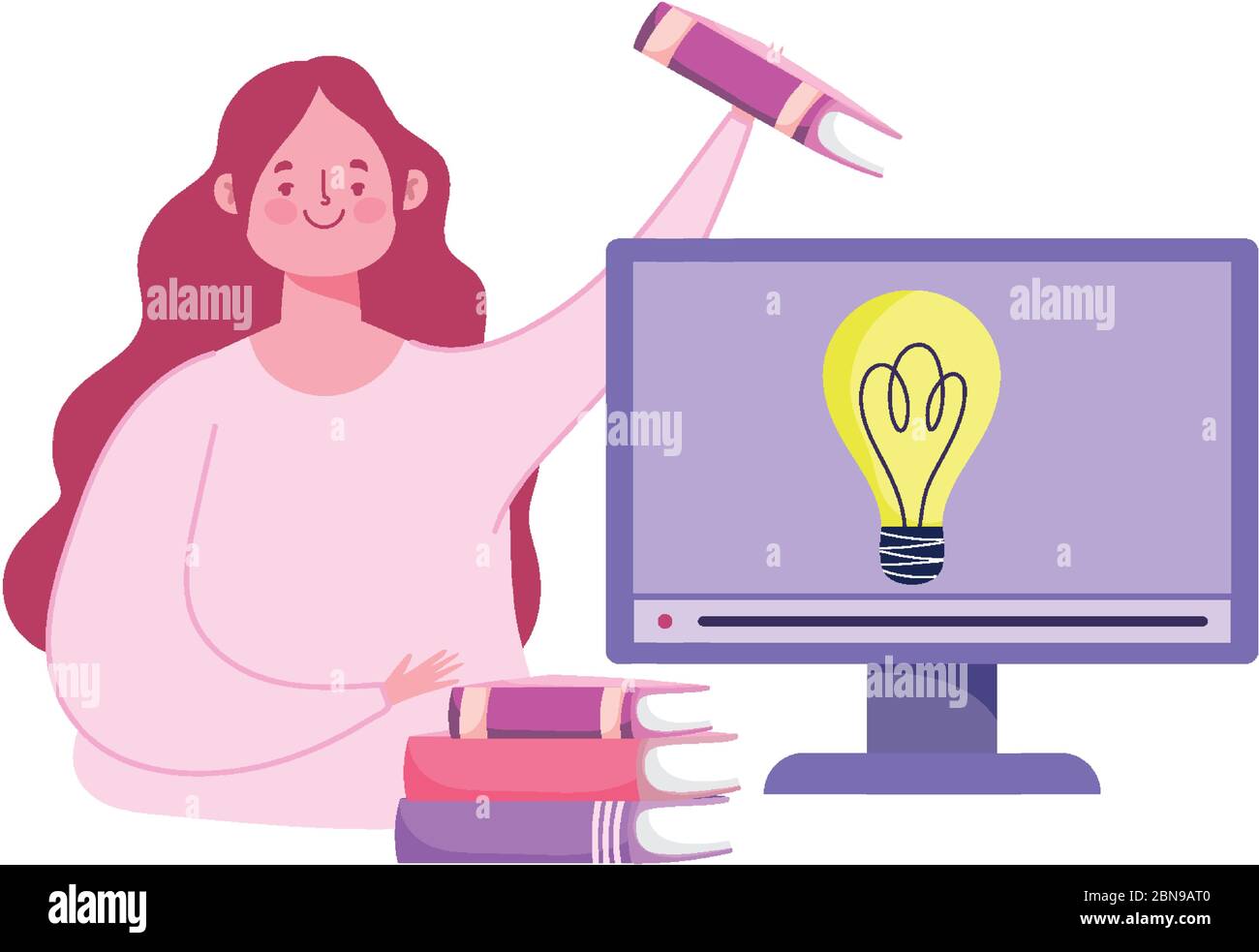 online education, teacher with computer and stack of books vector ...
