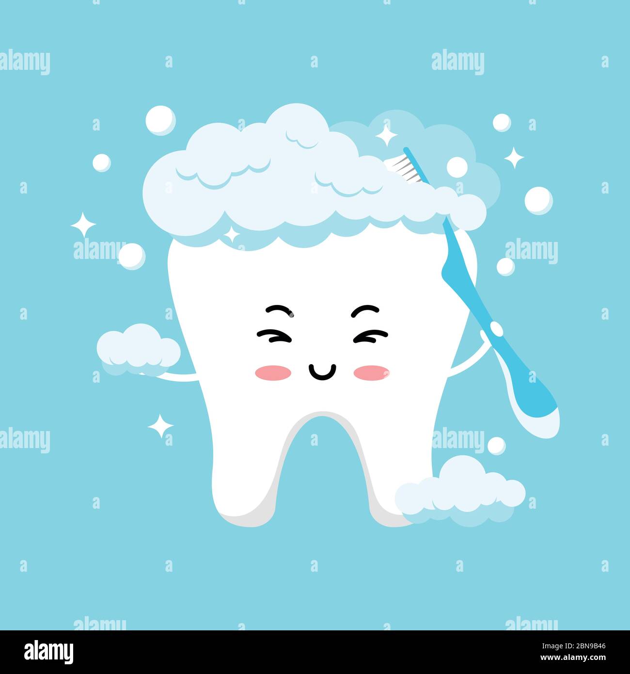 Cute tooth emoji in foam brushing himself with toothbrush Stock Vector