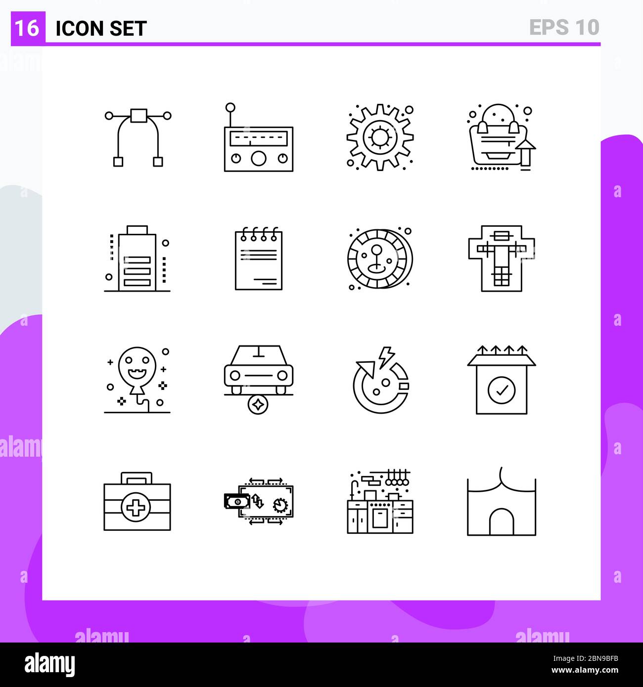 16 Creative Icons Modern Signs and Symbols of notepad, charge, motivation, battery, bag Editable Vector Design Elements Stock Vector