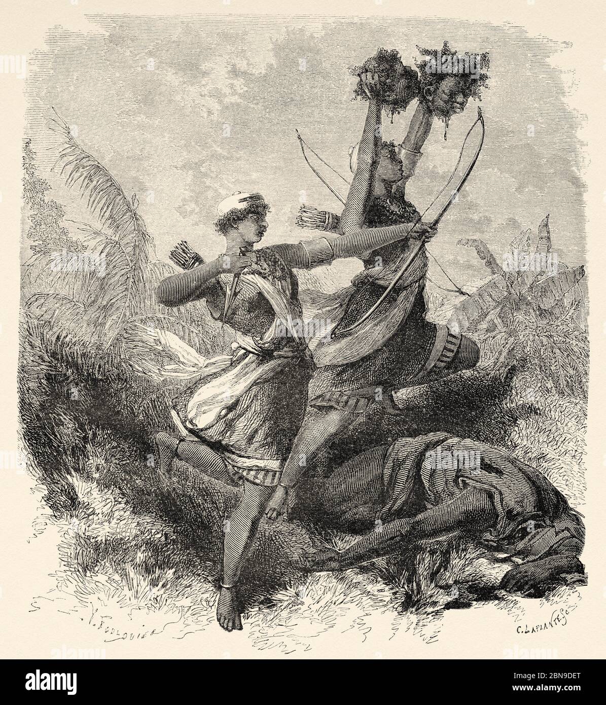 Amazoness archers fighter. Dahomey, Central Africa, Old 19th century engraved illustration, Le Tour du Monde 1863 Stock Photo