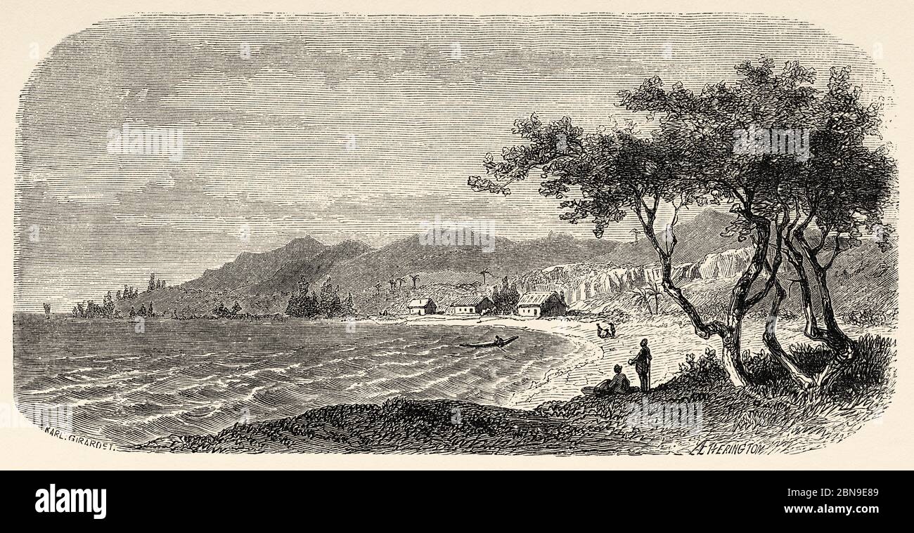 Natural landscape view Jacolet Bay, Mauritius Island. Mascarene Islands South Africa, Old 19th century engraved illustration, Le Tour du Monde 1863 Stock Photo