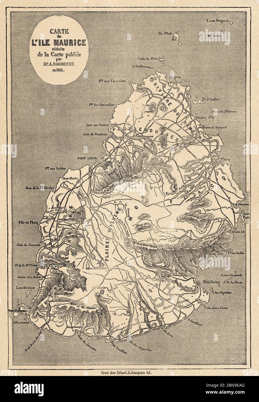Old map of Mauritius Island. Mascarene Islands South Africa, Old 19th century engraved illustration, Le Tour du Monde 1863 Stock Photo