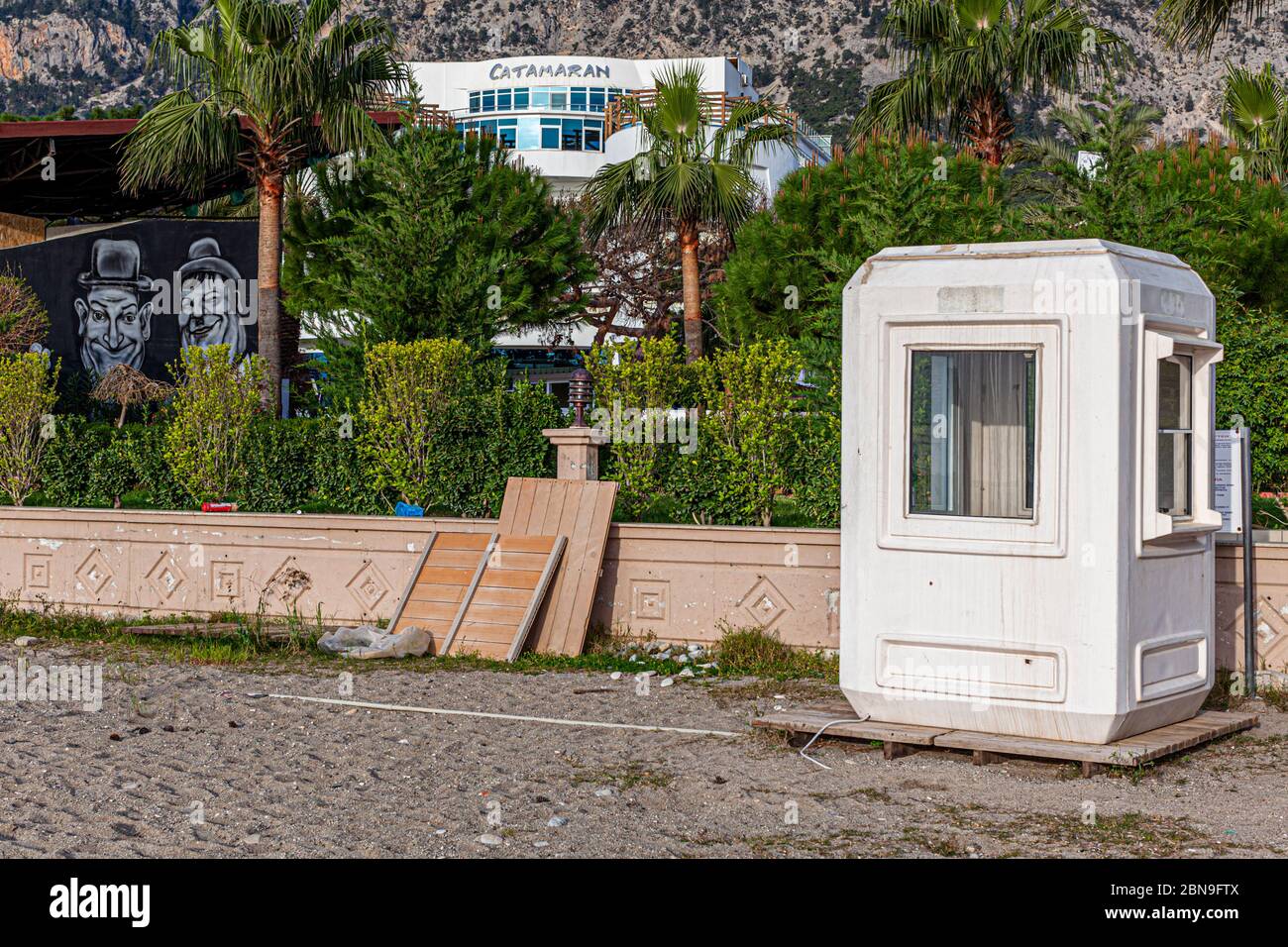 Deserted tourist facilities in Turkey with grafitti of Stan and Olli Stock Photo