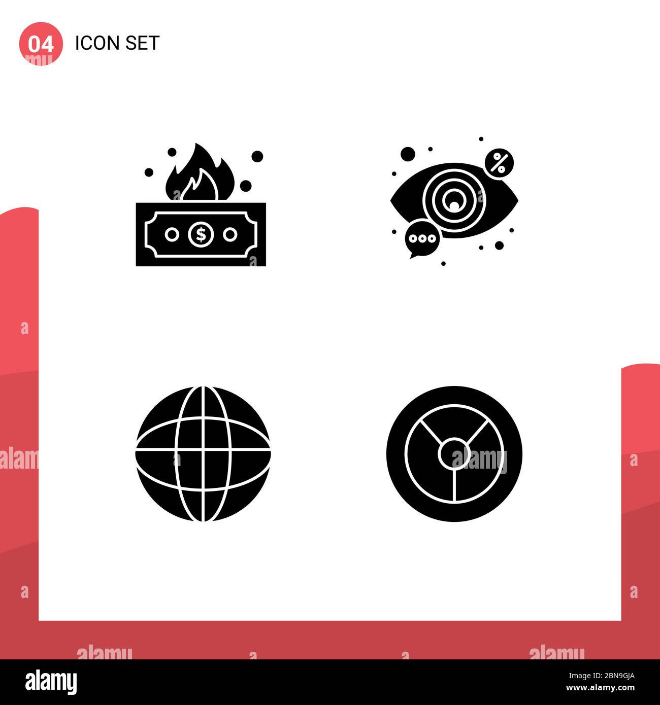 Set of 4 Commercial Solid Glyphs pack for risky, world, money, seo, education Editable Vector Design Elements Stock Vector