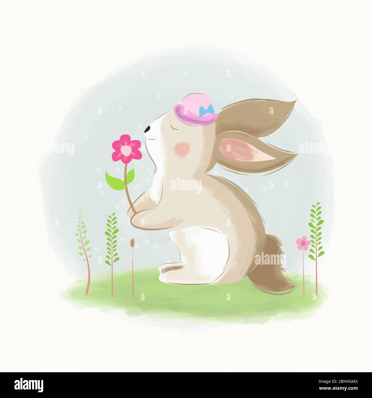 Cute rabbit found  a flower Stock Vector