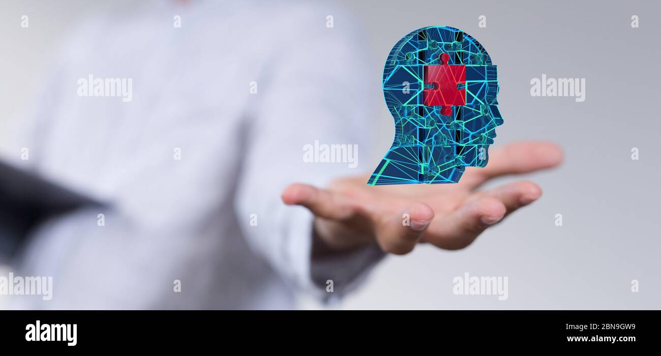 A head with symbol neurons in brain Stock Photo