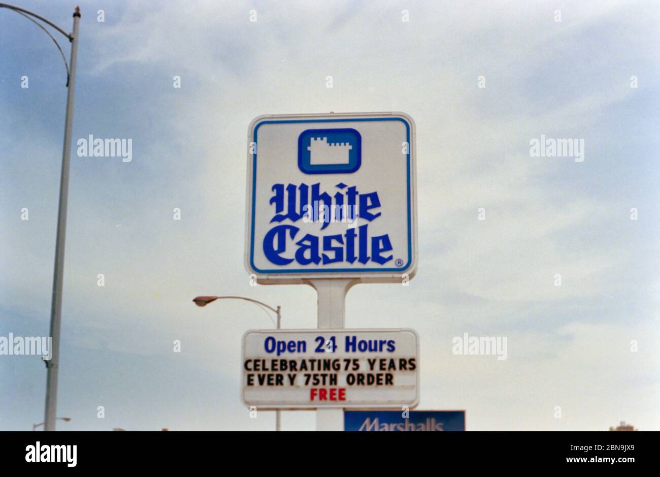 White Castle restaurant sign in Chicago south suburbs, sign celebrates their 75th anniversary ca. 1996 Stock Photo