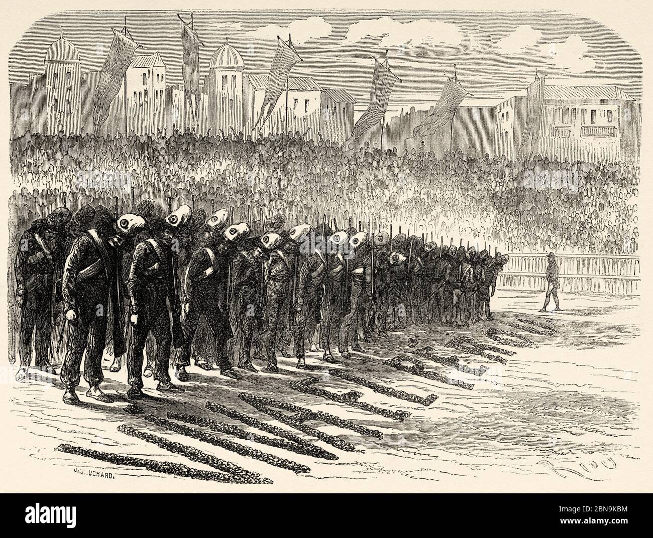 Soldiers parading in circus Council square Cusco 19th Century. Peru, South America. Old 19th century engraved illustration, Le Tour du Monde 1863 Stock Photo