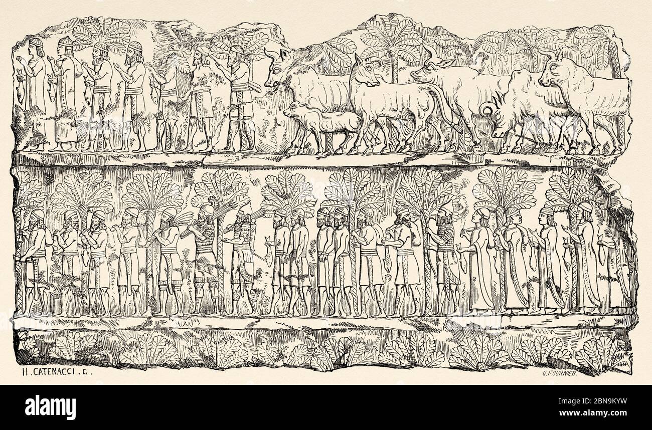 Bas-relief Assyrian from the palace of Sardanapalus, convoy of prisioners. Old 19th century engraved illustration, Le Tour du Monde 1863 Stock Photo