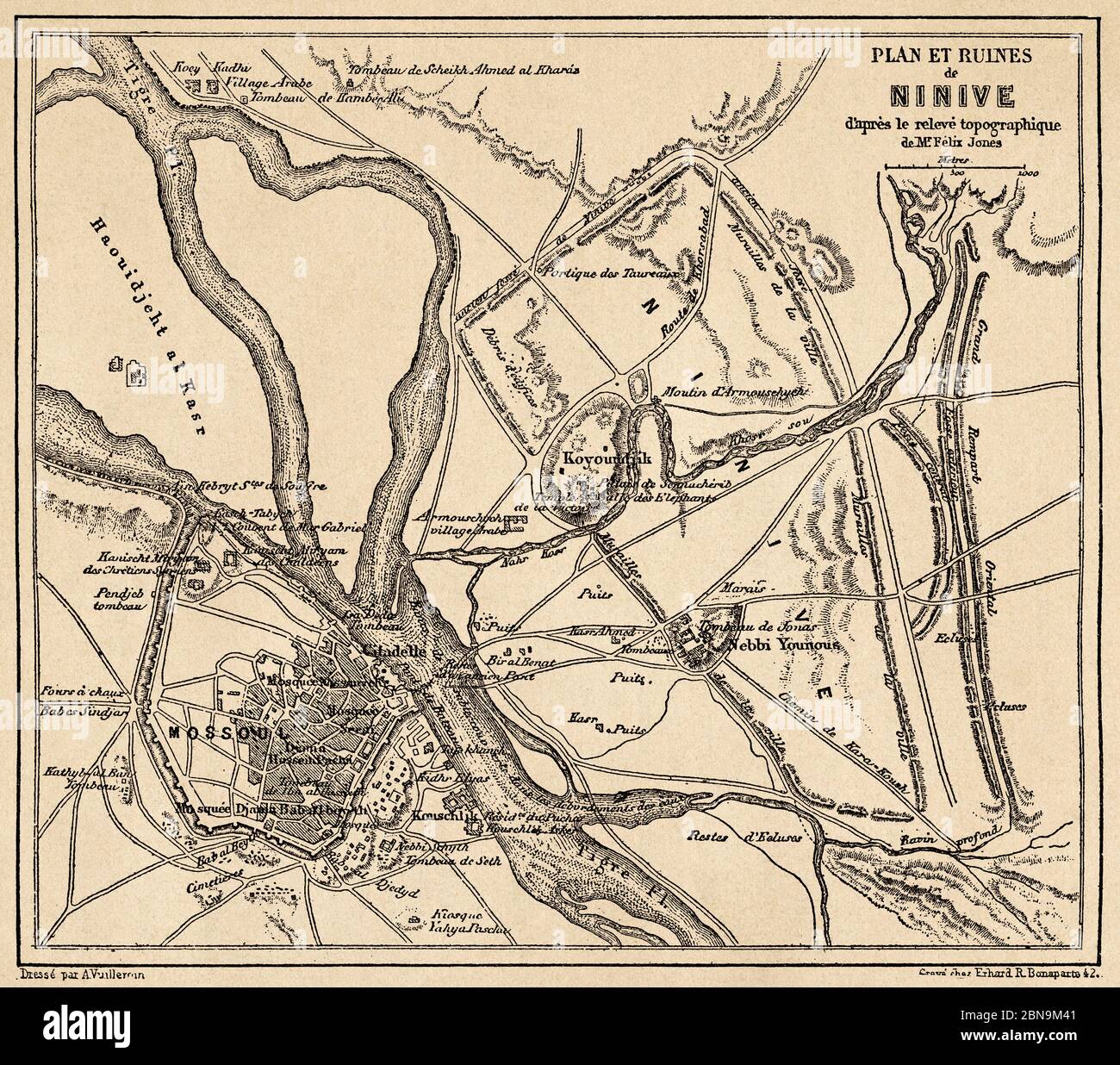 Map of the ruins of Nineveh. Old 19th century engraved illustration, Le Tour du Monde 1863 Stock Photo