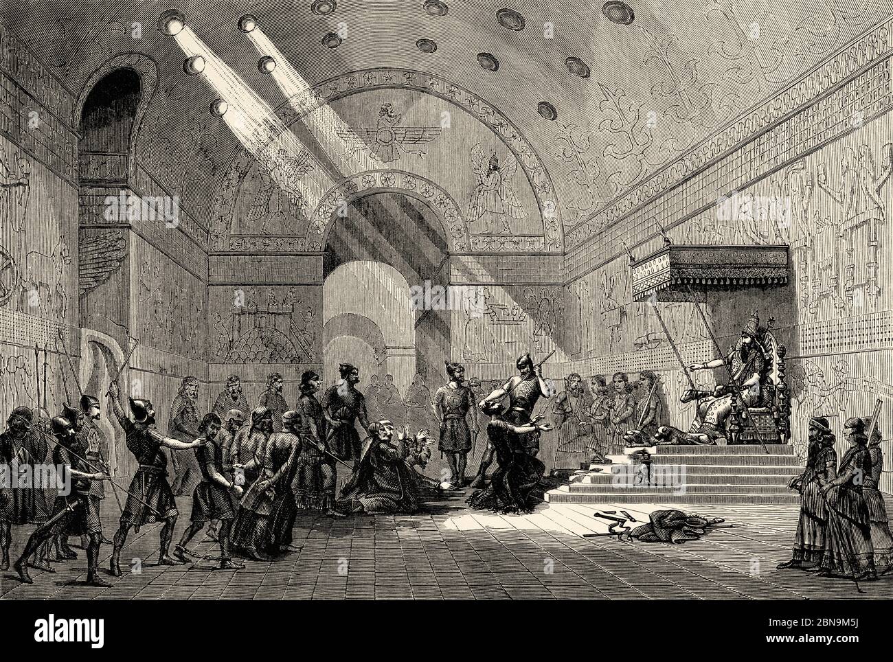 Hebrew captives taken before the king of Assyria. Old 19th century engraved illustration, Le Tour du Monde 1863 Stock Photo
