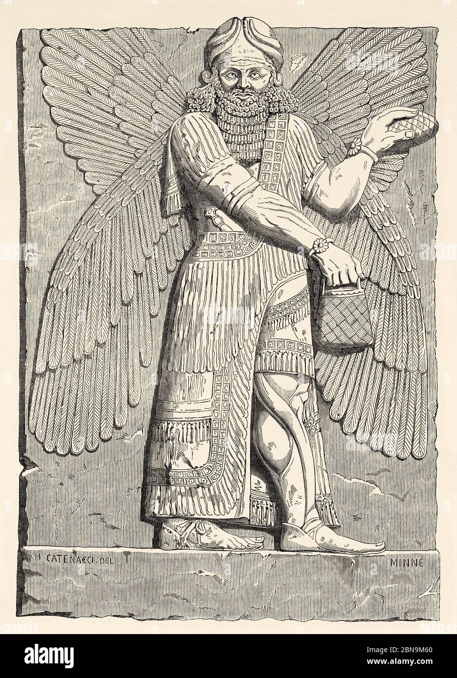 Stone relief carved panel of a Genius blessing. Dur Sharrukin, the palace of the Assyrian king Sargon II in Khorsabad. Old 19th century engraved illustration, Le Tour du Monde 1863 Stock Photo