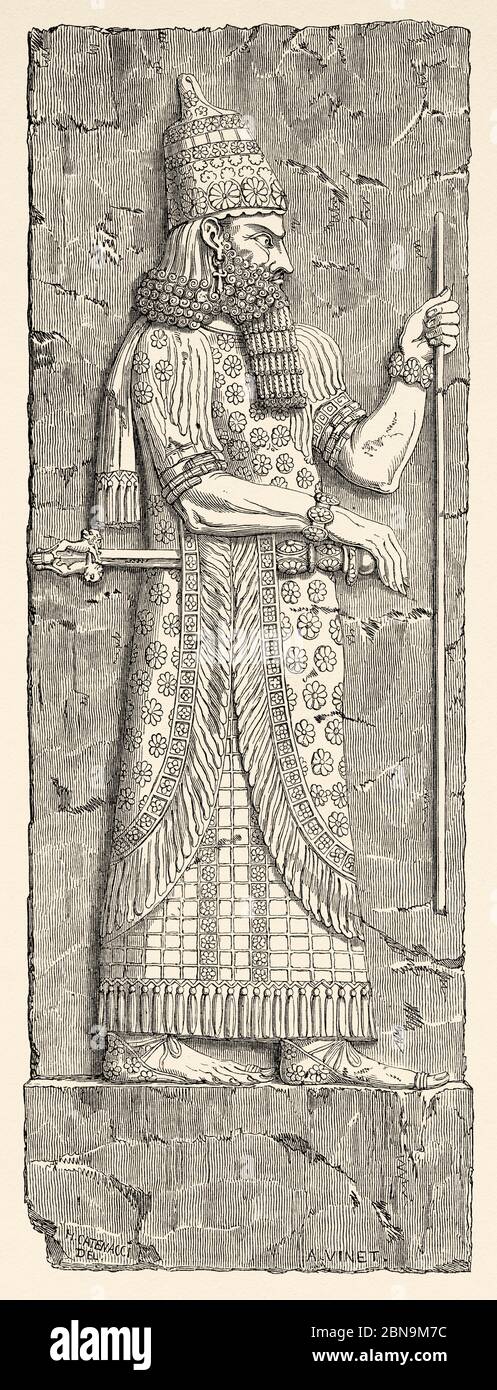 Stone relief sculptured of Saron II.  Dur Sharrukin the palace of Assyrian king Sargon II at Khorsabad. Old 19th century engraved illustration, Le Tour du Monde 1863 Stock Photo