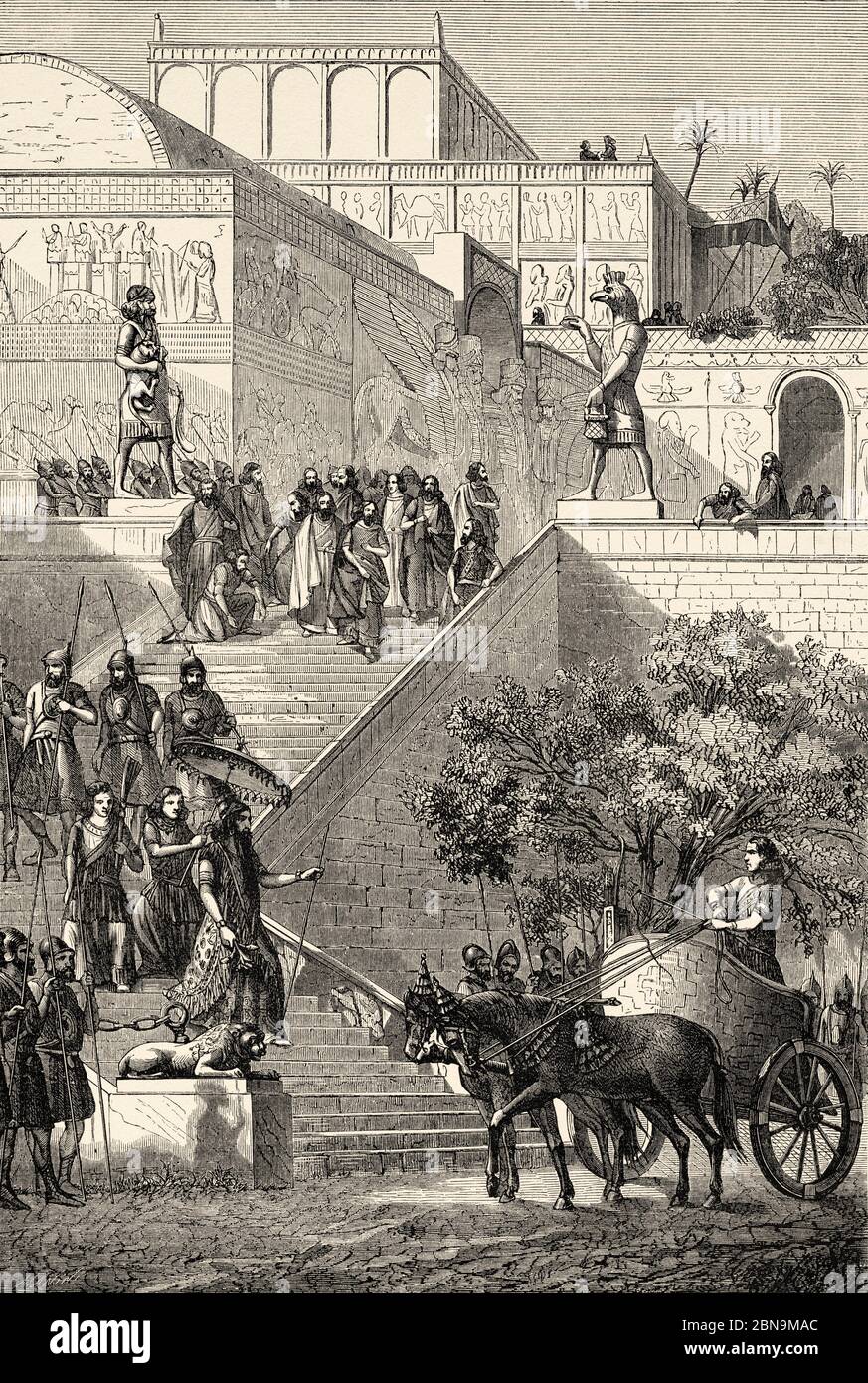 The Assyrian palace of Kouyunjik, being restored. Northern Iraq. Old 19th century engraved illustration, Le Tour du Monde 1863 Stock Photo