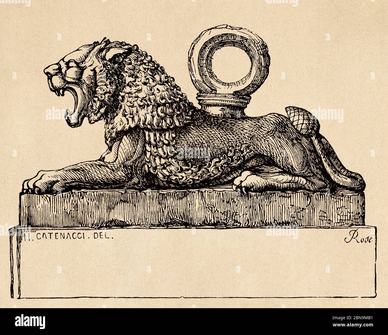 Bronze lion statue Assyrian the palace of Sardanapalus. Old 19th century engraved illustration, Le Tour du Monde 1863 Stock Photo