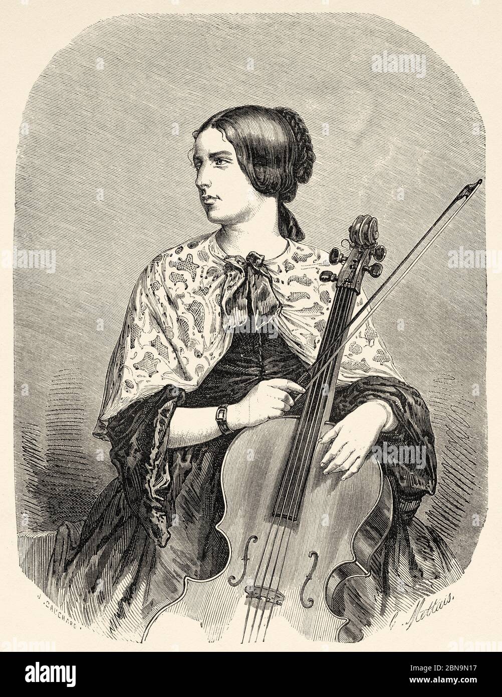 Portrait of Lisa Barbier Cristiani (1827 Paris - 1853 Novotcherkassk) French musician and traveler 19th Century. Old 19th century engraved illustration, Le Tour du Monde 1863 Stock Photo