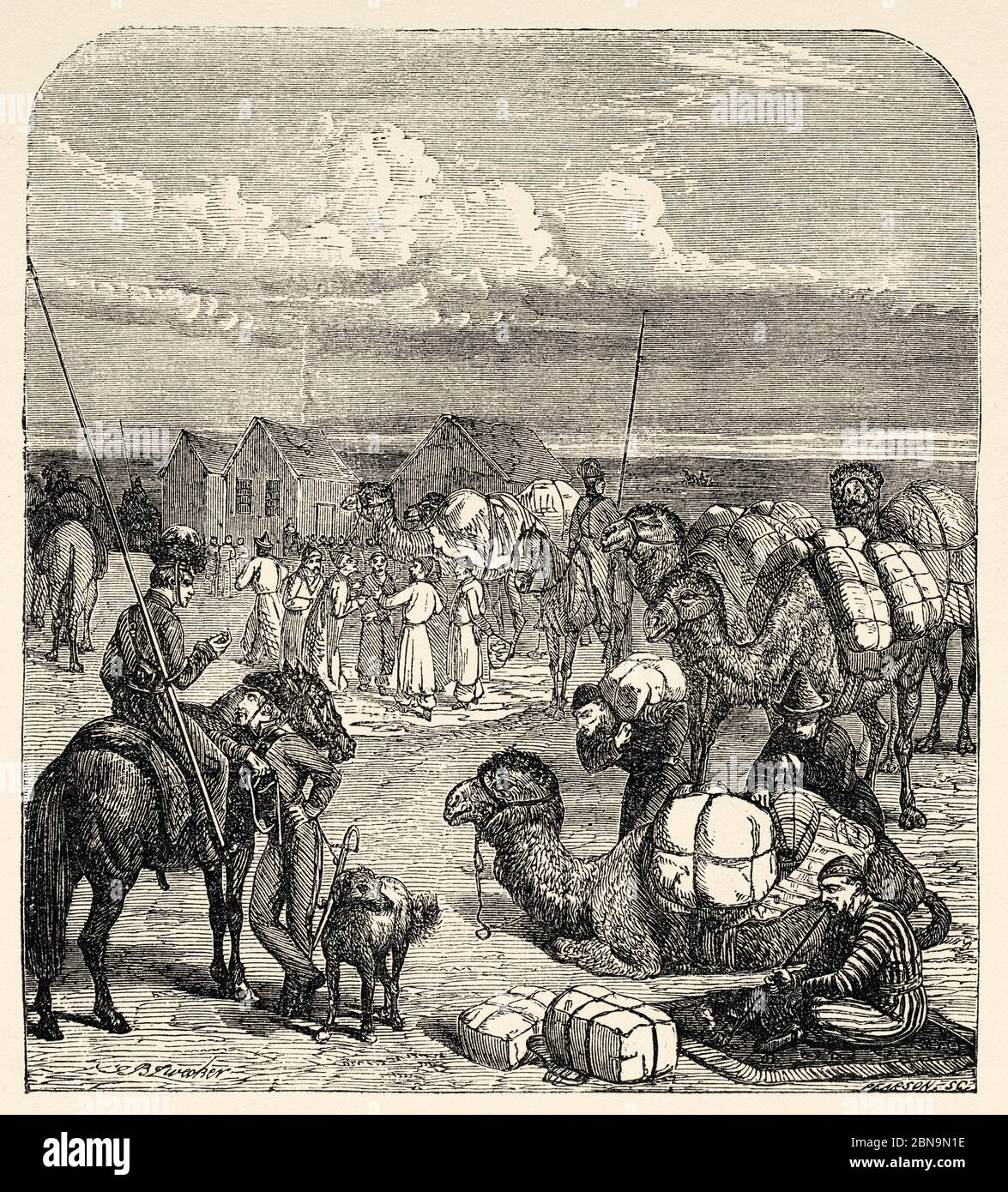 Russian and Chinese caravan in Kyaktha, Siberia, Russia. Old 19th century engraved illustration, Le Tour du Monde 1863 Stock Photo