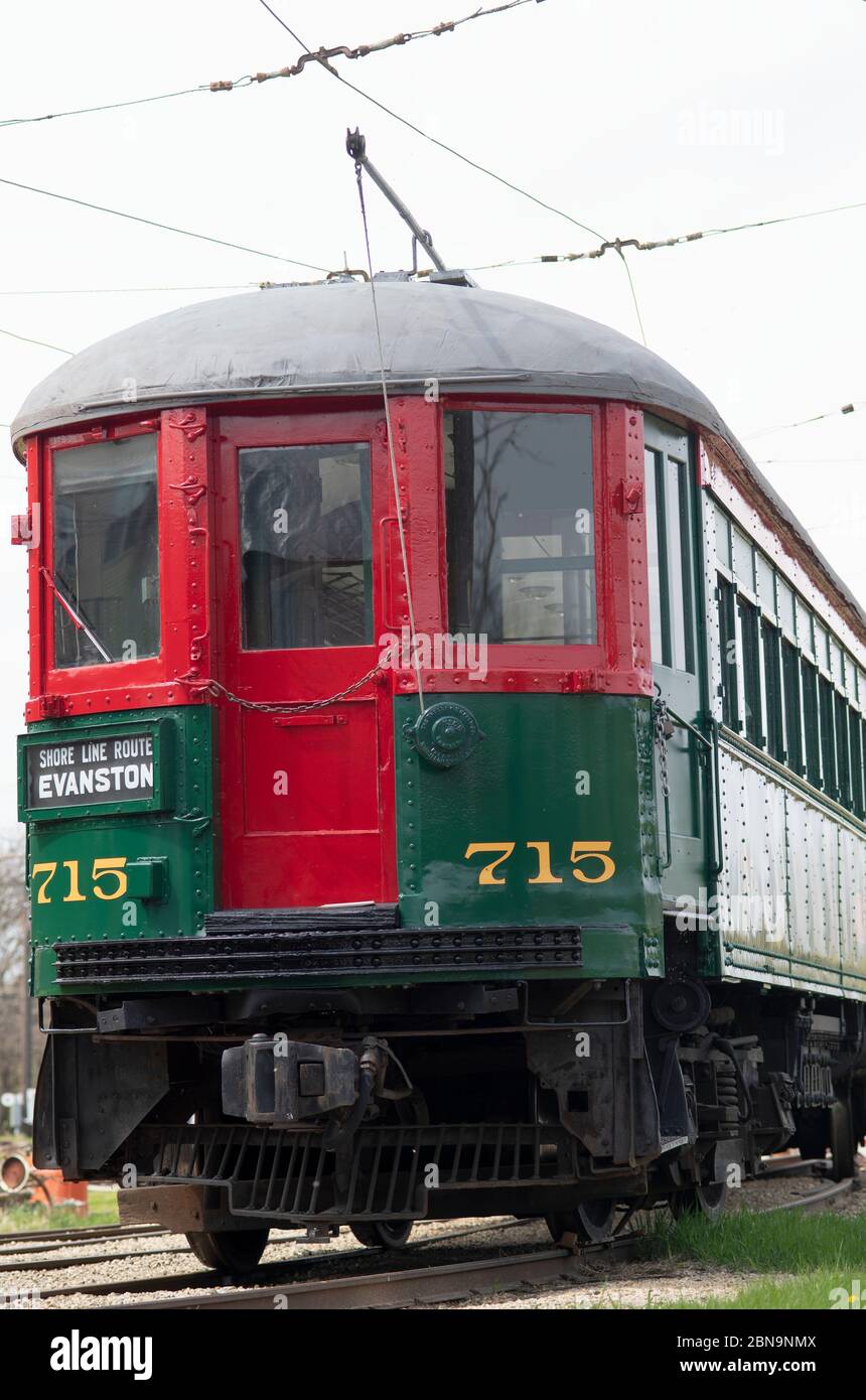 South Elgin, Illinois, USA. Chicago North Shore & Milwaukee car #715 sits on a ready track at the Fox River Trolley Museum in suburban Chicago. Stock Photo