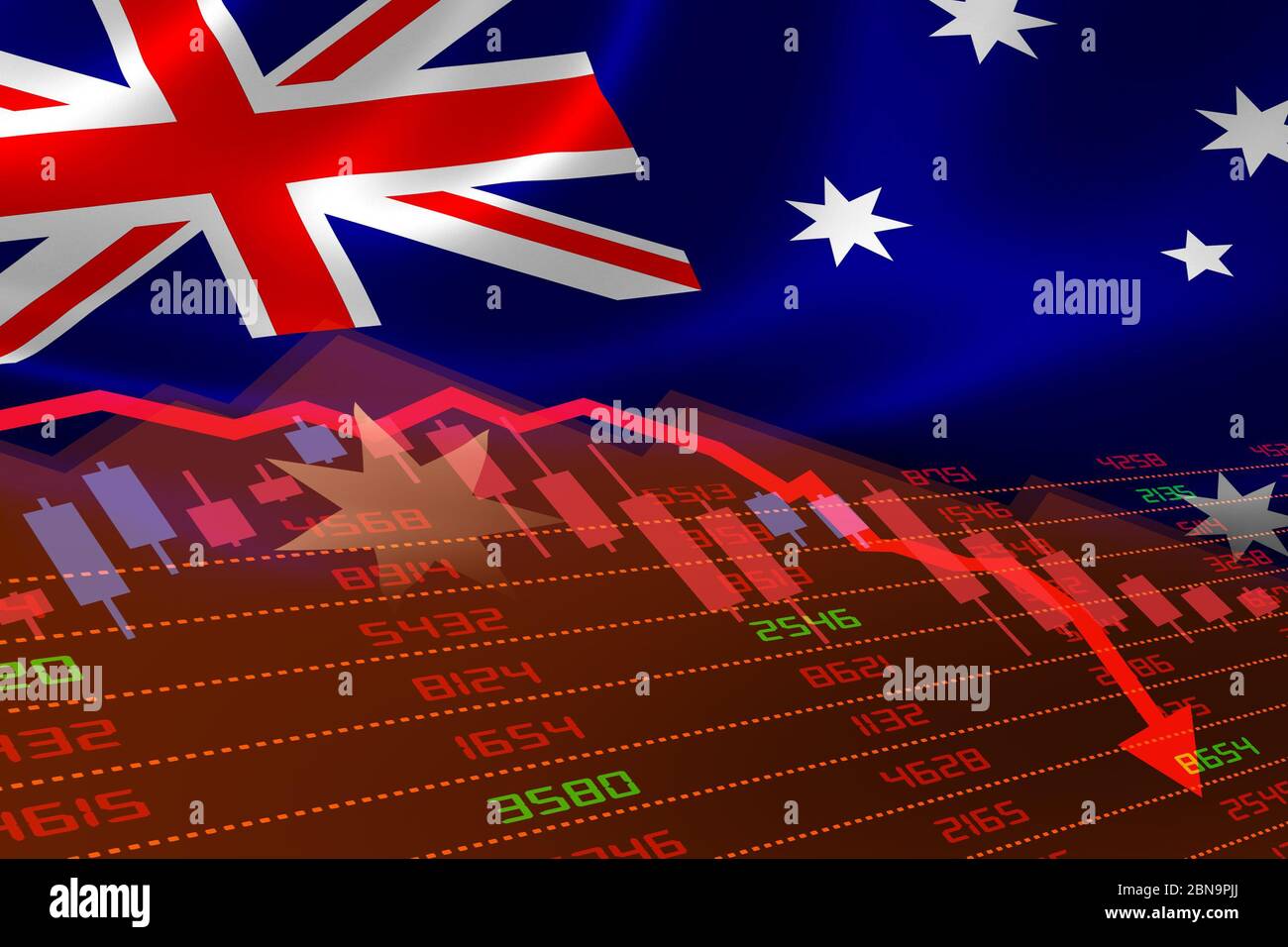 Australia economic downturn with stock exchange market showing stock chart down and in red negative territory. Business and financial money market cri Stock Photo