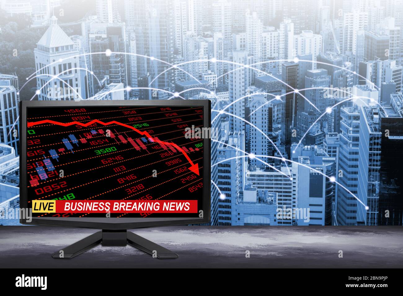 Live business breaking news update on TV screen with stock and financial indicators showing economic downturn or recession and modern city background. Stock Photo