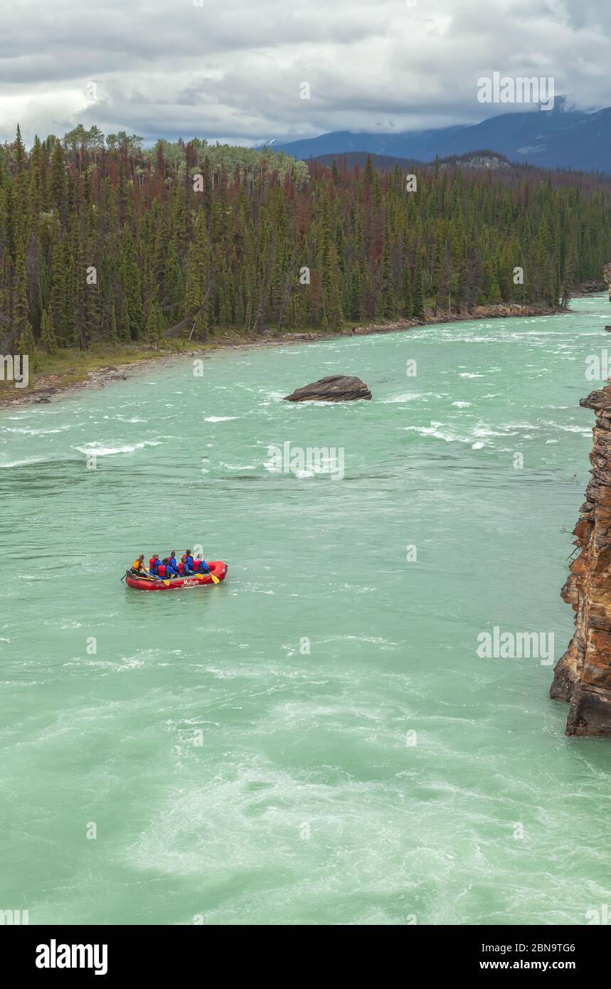 White water rafting in Athabasca River, Jasper National Park, Alberta, Canada. Stock Photo