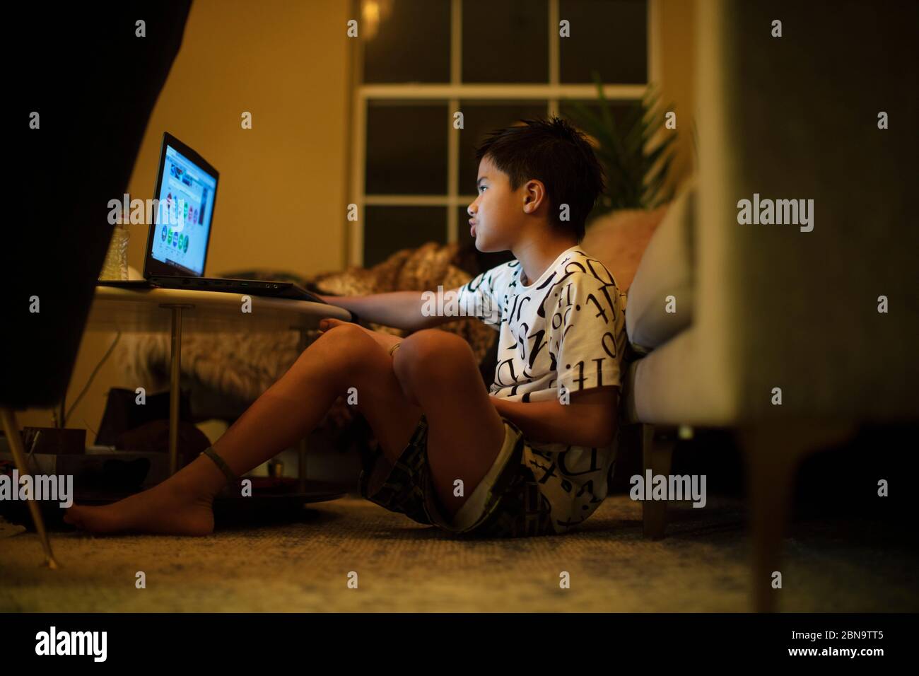 A half Japanese boy uses a laptop in the living room Stock Photo