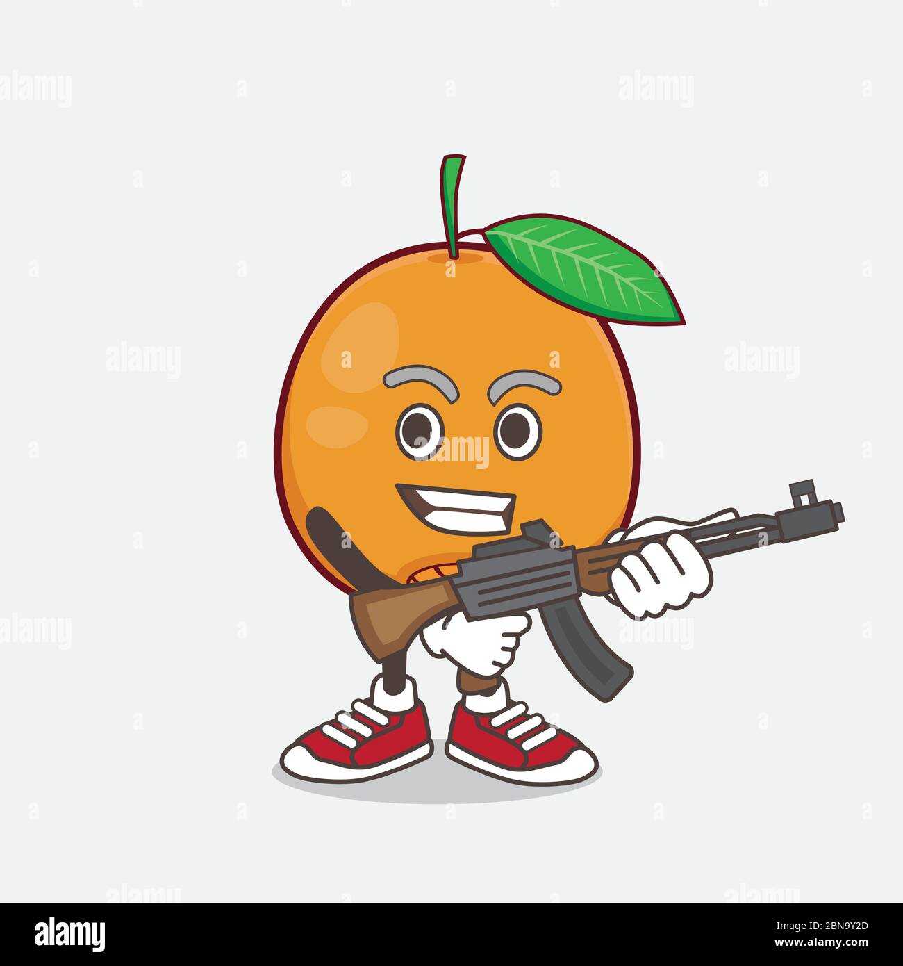 An illustration of Navel Orange cartoon mascot character with assault rifle machine gun Stock Vector