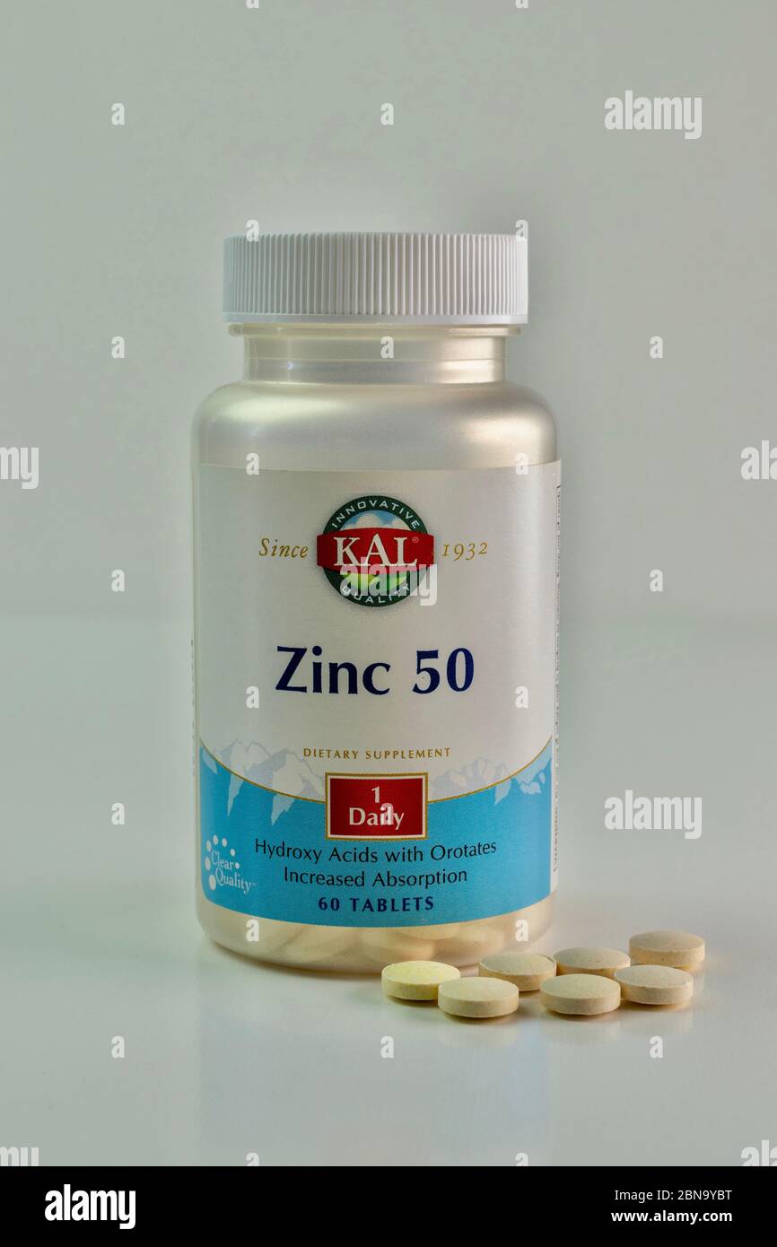 zinc supplements and bottle close up Stock Photo