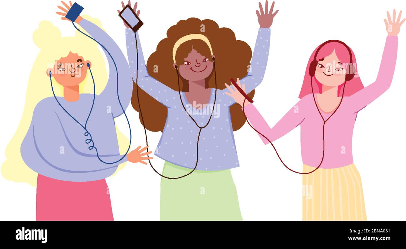 group girls with earphones dancing and listening music vector illustration Stock Vector Image