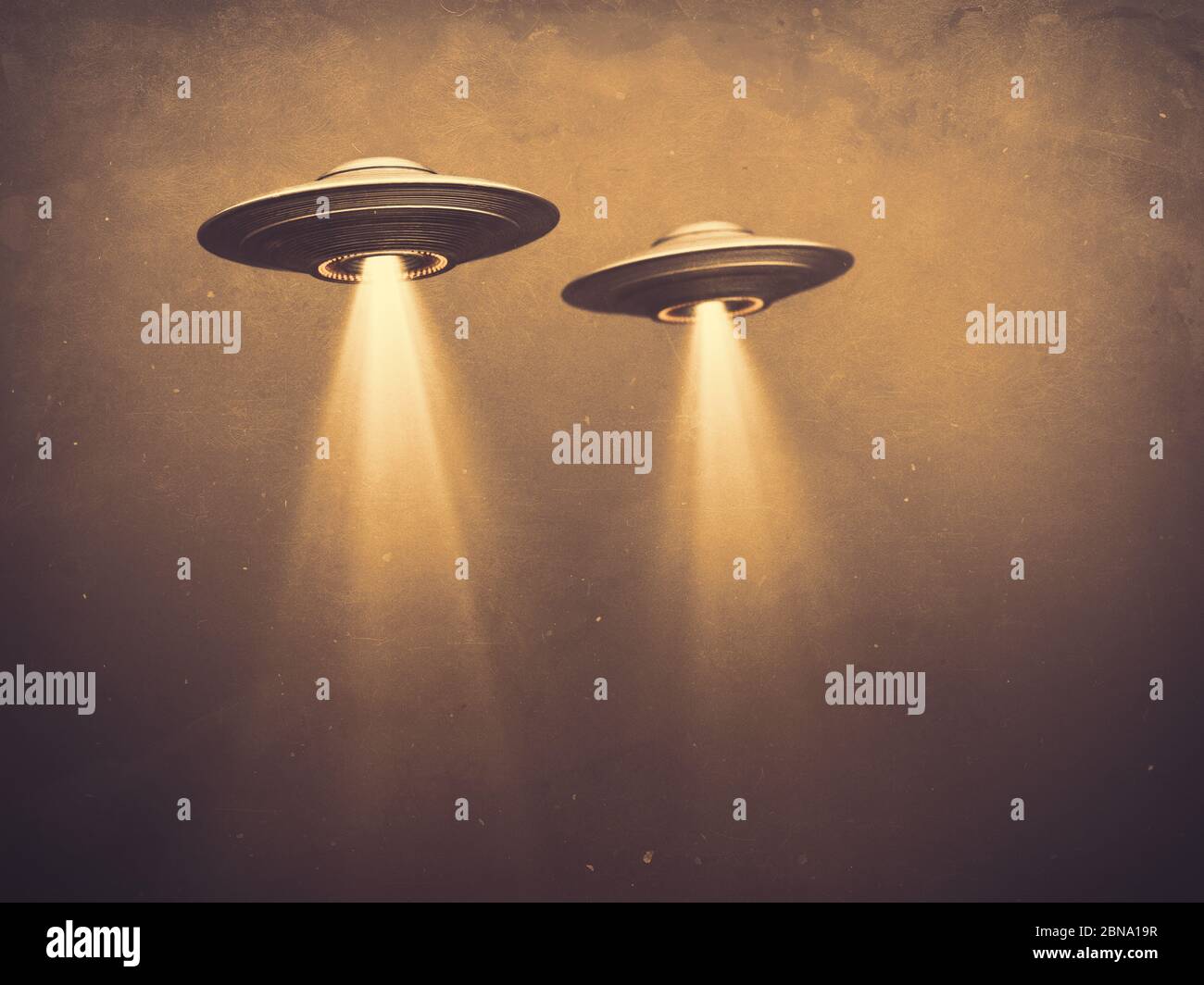 Two UFOs flying in fog with light below. 3D illustration monochromatic sepia-toned old-time photography. Concept image with blank space below the UFOs Stock Photo