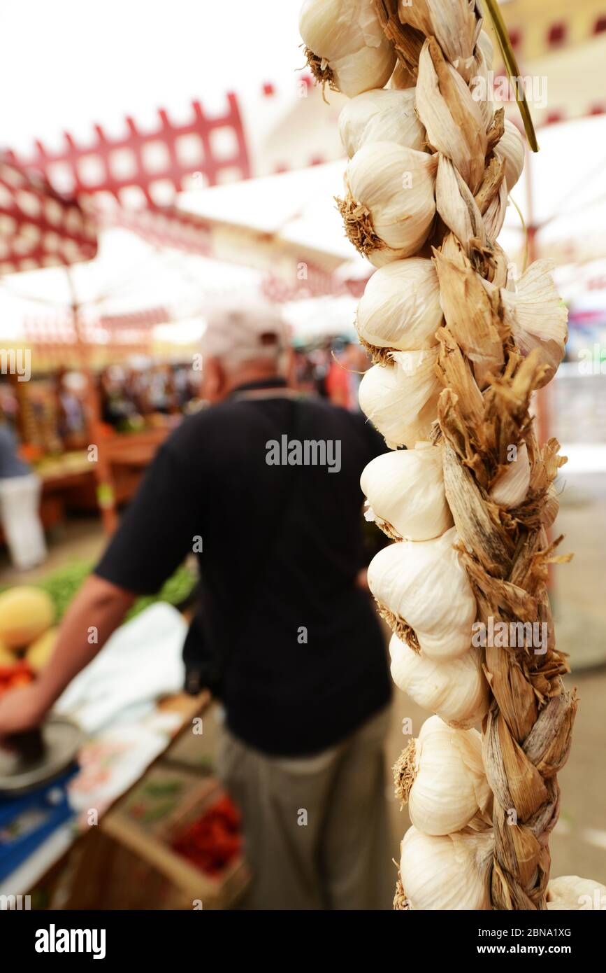 The vibrant outdoor Zadar market with stalls selling fresh fruits