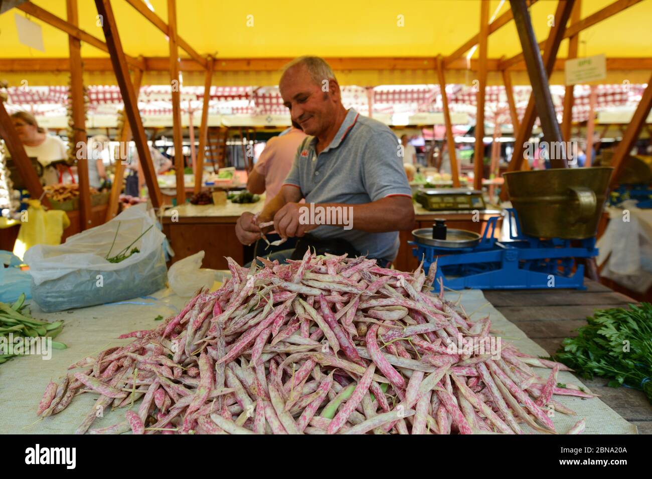 The vibrant outdoor Zadar market with stalls selling fresh fruits