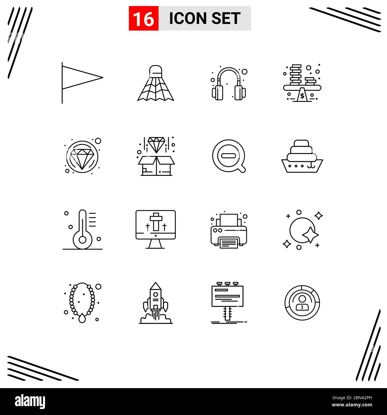 16 Thematic Vector Outlines and Editable Symbols of jewelry, carnival, headphones, coins, money Editable Vector Design Elements Stock Vector