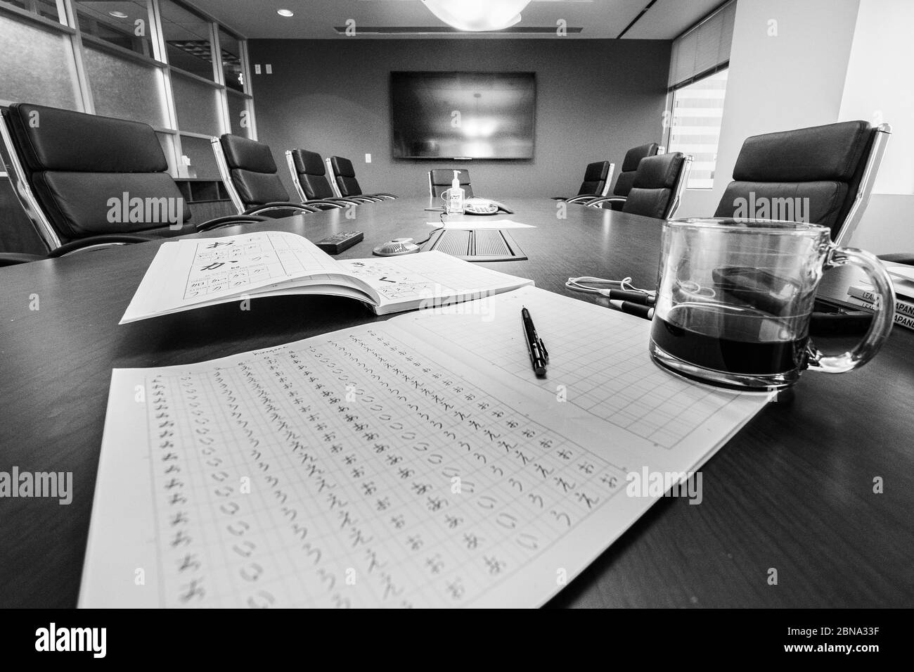 DENVER, UNITED STATES - Apr 05, 2020: Empty conference room during COVID-19 isolation and government imposed 'stay home' order. Stock Photo