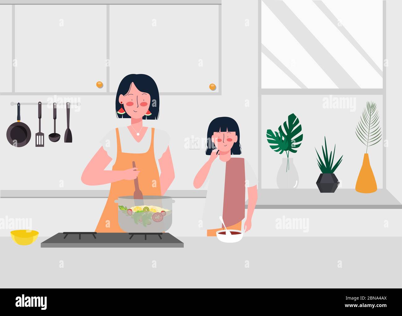 Mother teaches her daughter cooking vegetable soup in kitchen. modern flat cartoon style. Stock Vector