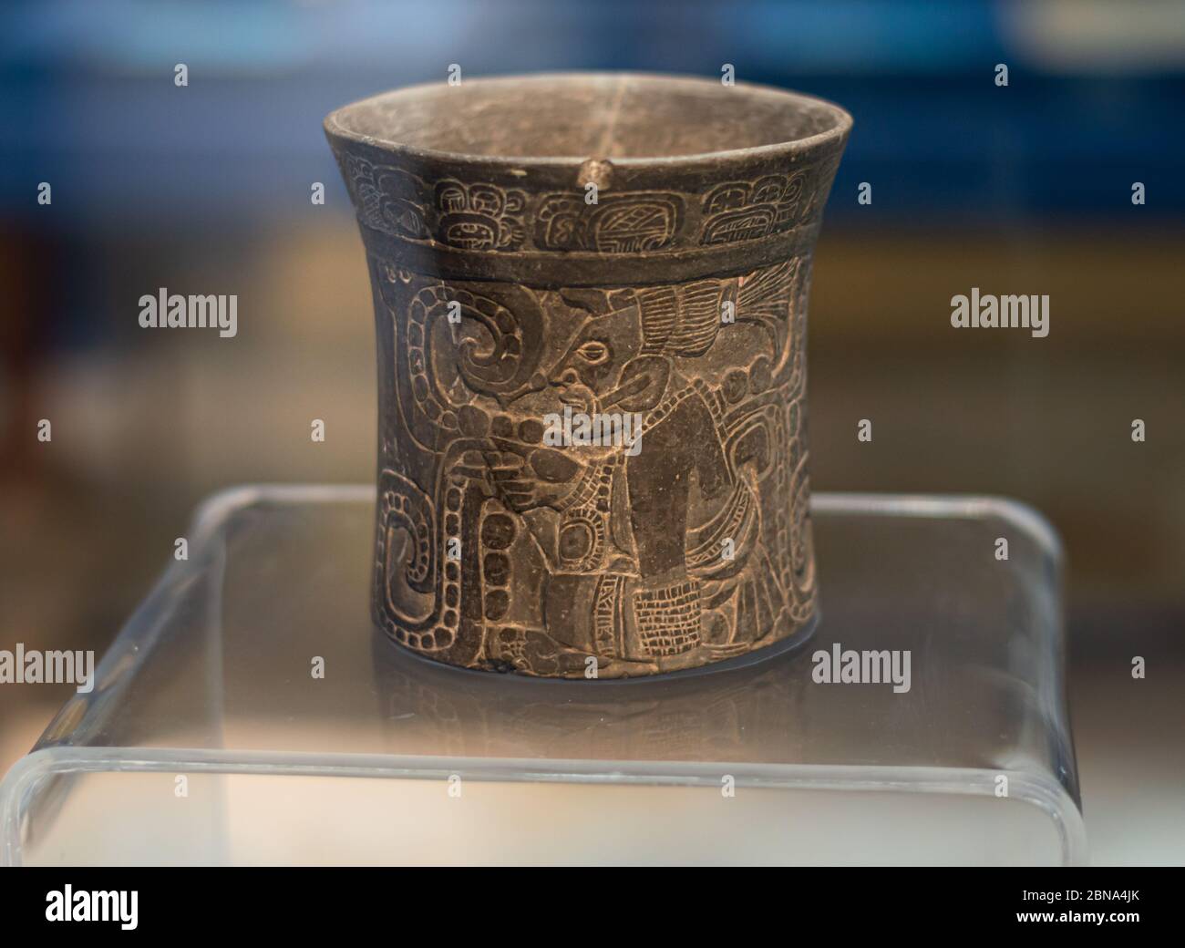 Maya ceramic piece with glyphs called “the  vase of he lord of  Sitpach”.  from the late classic 600-900 d.C.  exhibited at Maya museum in Mexico. Stock Photo