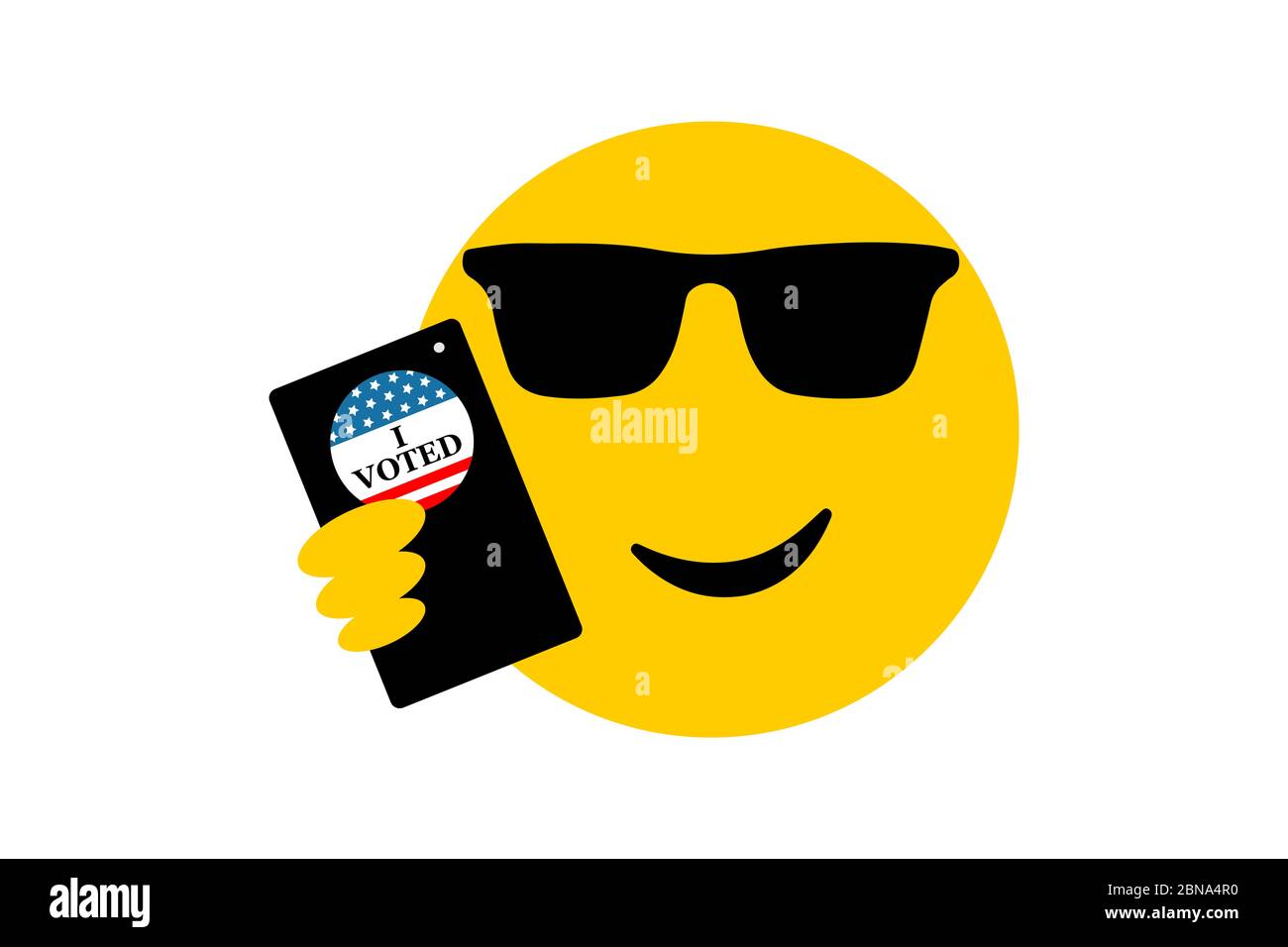 smiling emoji phone and I Voted pin, USA elections, young