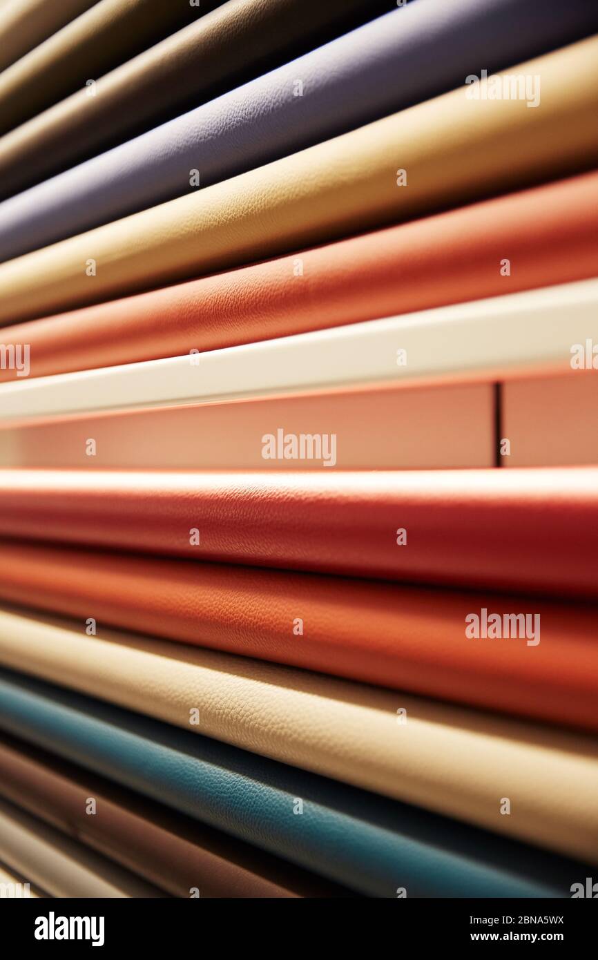 Vibrant color swatches of materials and textures for an architecture showroom installation project Stock Photo