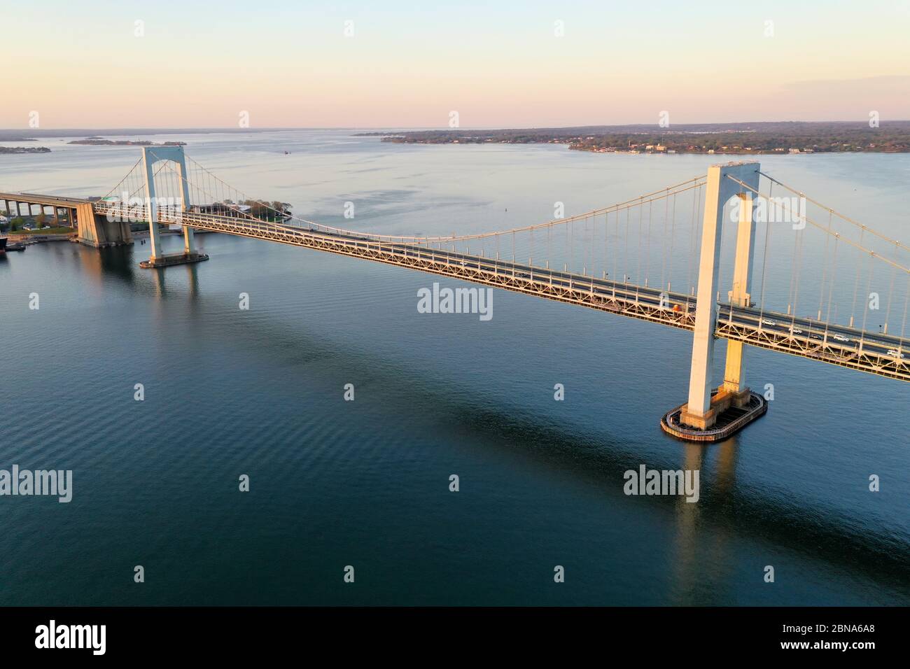Aerial view of the Throgs Neck Bridge connecting the Bronx with Queens