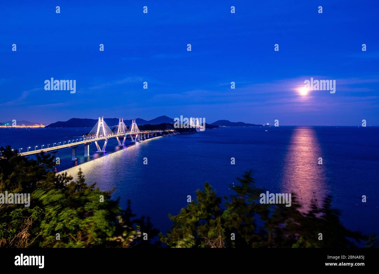 Full Moon and nightscape of Geoga Bridge Stock Photo