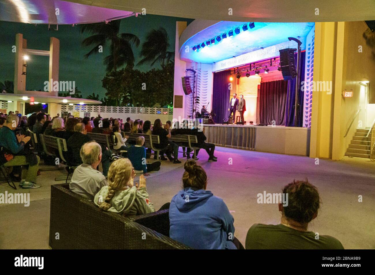 Miami Beach Florida,North Beach Band Shell audience,night night nightlife evening after dark,free opera performance,stage,singer performer performing, Stock Photo