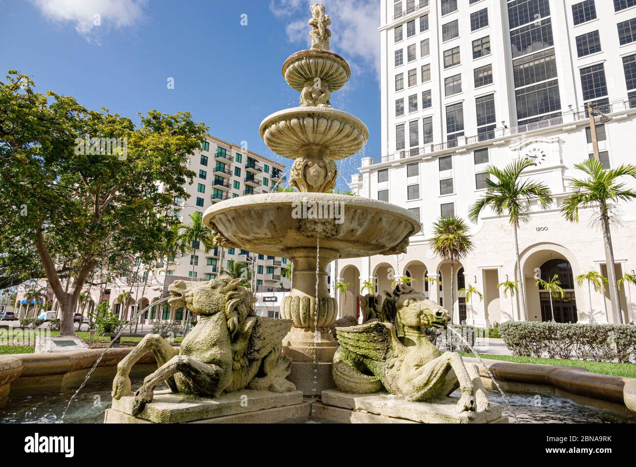 Miami Florida,Coral Gables,Ponce de Leon Boulevard,commemorative park fountain,stone horse sculptures,water,FL200217051 Stock Photo