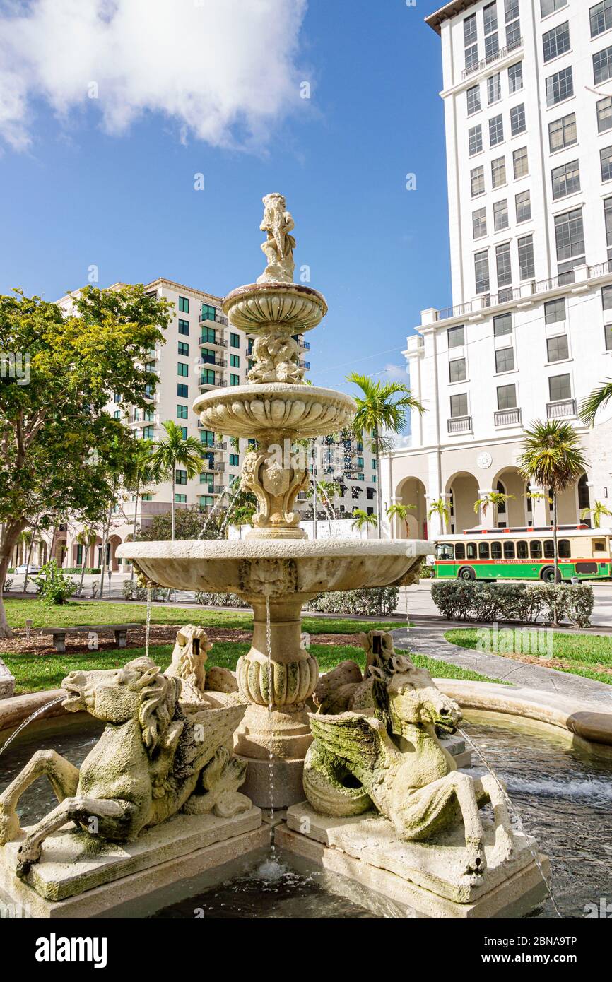 Miami Florida,Coral Gables,Ponce de Leon Boulevard,commemorative park fountain,stone horse sculptures,water,FL200217053 Stock Photo