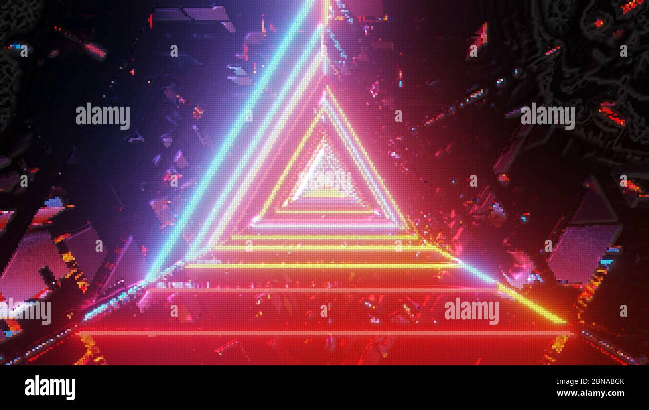 3D rendering of multicolored lights in a triangular pattern condensing ...